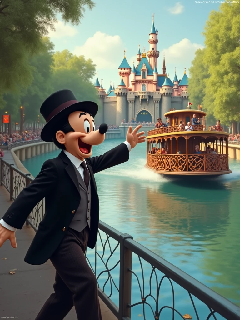 Walt Disney getting hit by an old paddle wheel boat on a river in Disneyland