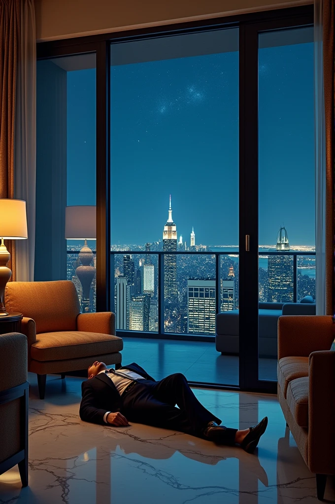 in a luxury apartment, a man in a suit is lying on the ground near a balcony. From the balcony, it's possible to see the city outside. IT'S THE NIGHT
