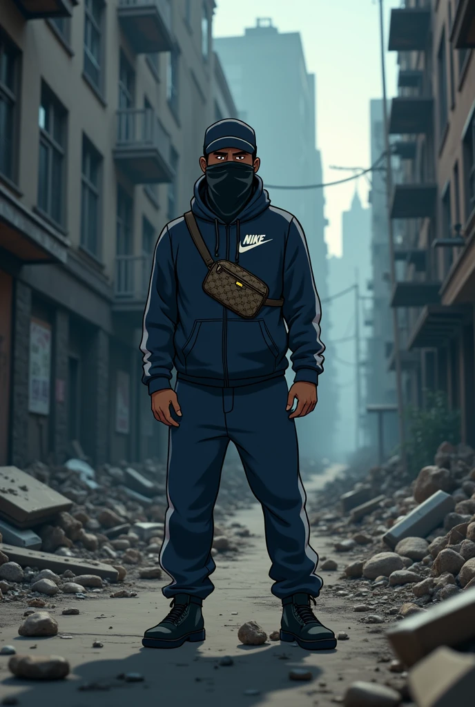 a picture is shot from above in an empty dirty city where a dark dressed dangerous man can be seen with a sports bag, a cap, a black bandana, a dark blue Nike jogging suit and a Gucci fanny pack in family guy style up in the air is still pusherpackz