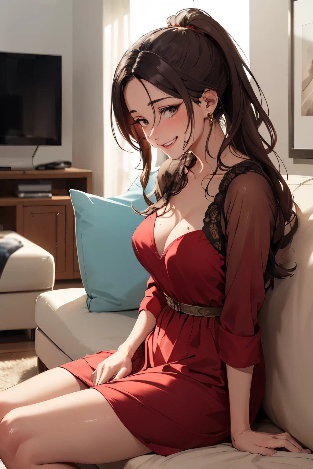 ((Highest quality)), ((masterpiece)), (detailed), (a mature goddess), beautiful, 32 years old, long shiny brown hair, close eyes, waiting for kiss, in a long red dress, hair tied up, medium breasts, face toward viewer, he sofa, embarrassed, in heat, happy, sweat, ecstasy, living room, bare feet, drool, orgasm, (seductive smile), (face focus), 

