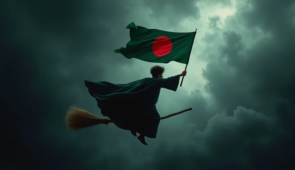 A Harry potter type figure of young man holding the flag of Bangladesh in the sky like playing quidditch. We don't see his face. We see his back. In the black cloudy sky the flag is the bright ray of hope