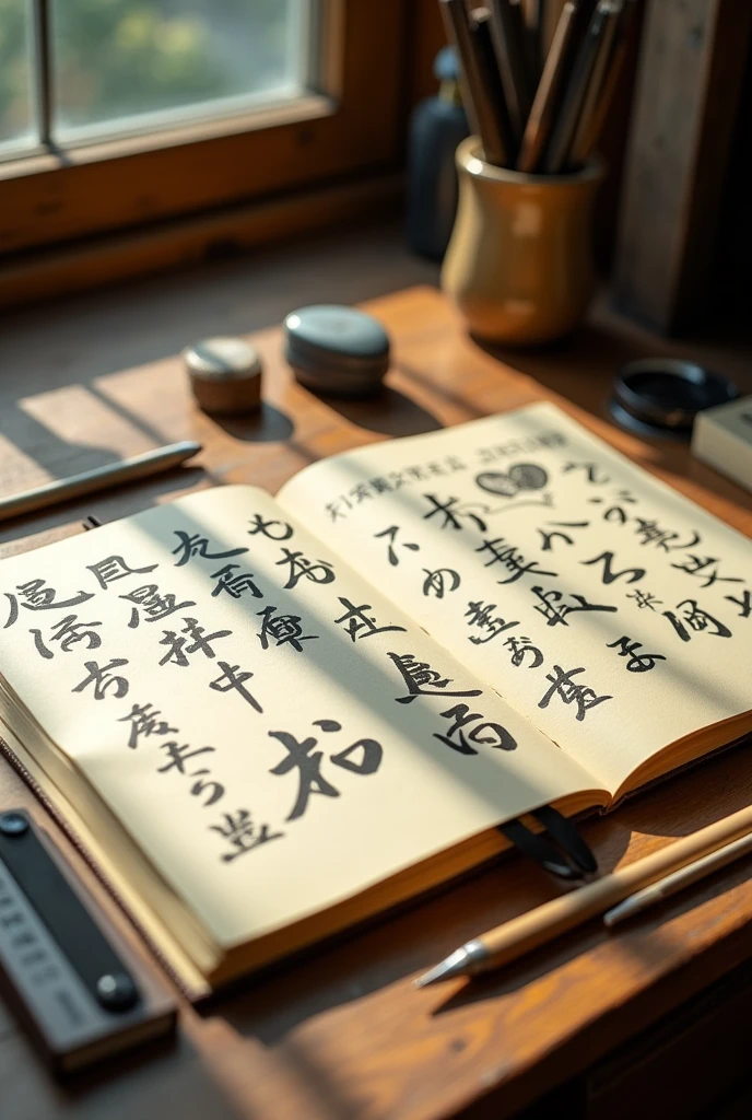 Realistic Japanese characters written on a notebook paper in hiragana, katakana and kanji