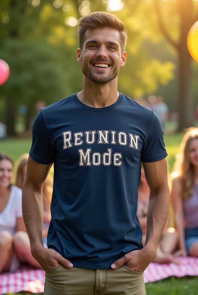 T-shirt that says 'Reunion Mode' on the front in small, collegiate-style lettering.

