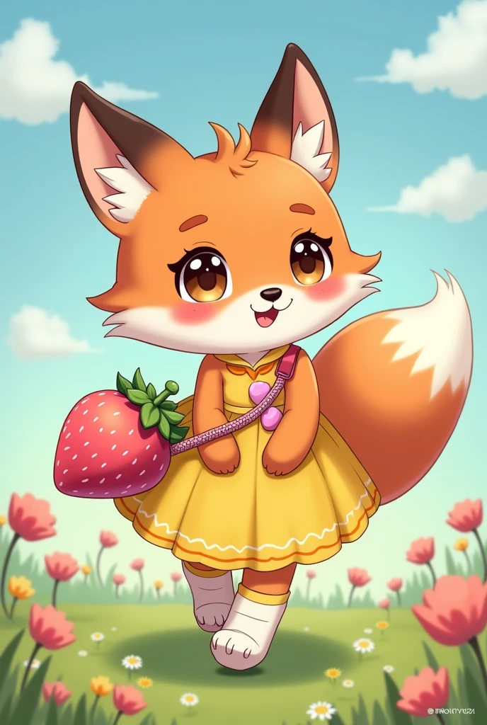 Create a cute bt21 style fox, with a yellow dress and white boots that look like rabbit's feet, and she carries a pink shoulder bag that looks like a strawberry