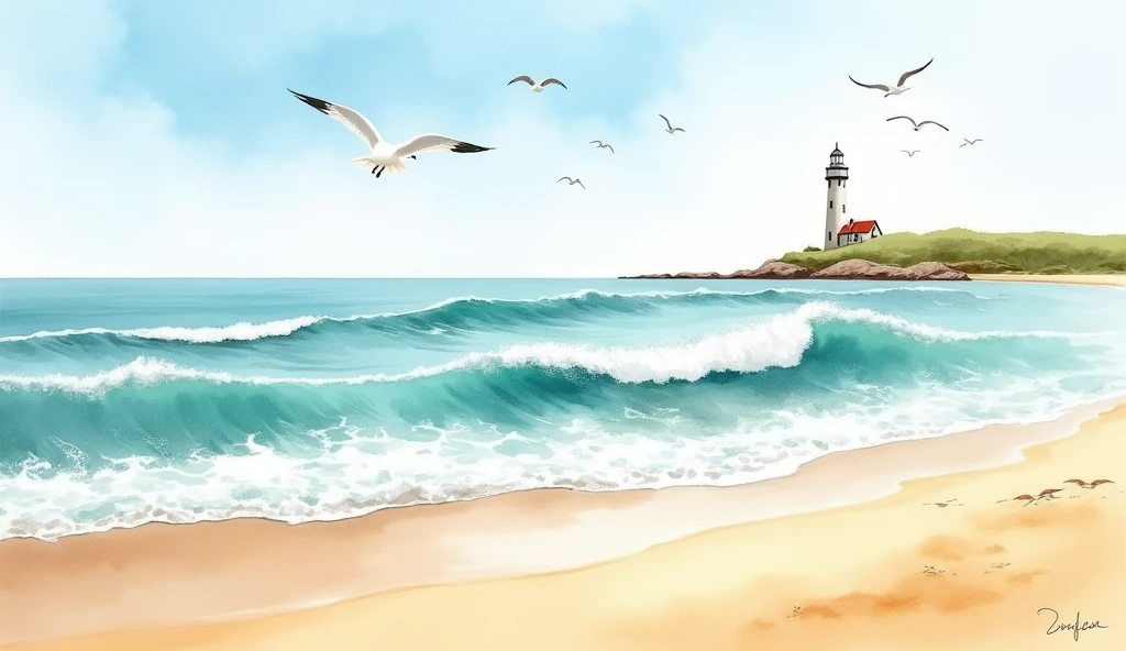 Peaceful, coastal watercolor landscape with rolling waves, sandy beaches, and a distant lighthouse, photorealistic, serene, oceanic, beach, relaxation, maritime, scenic beauty :: seagulls, coastal breeze, endless horizons, coastal charm, coastal escape --ar 16:9