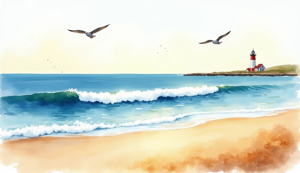 Peaceful, coastal watercolor landscape with rolling waves, sandy beaches, and a distant lighthouse, photorealistic, serene, oceanic, beach, relaxation, maritime, scenic beauty :: seagulls, coastal breeze, endless horizons, coastal charm, coastal escape --ar 16:9