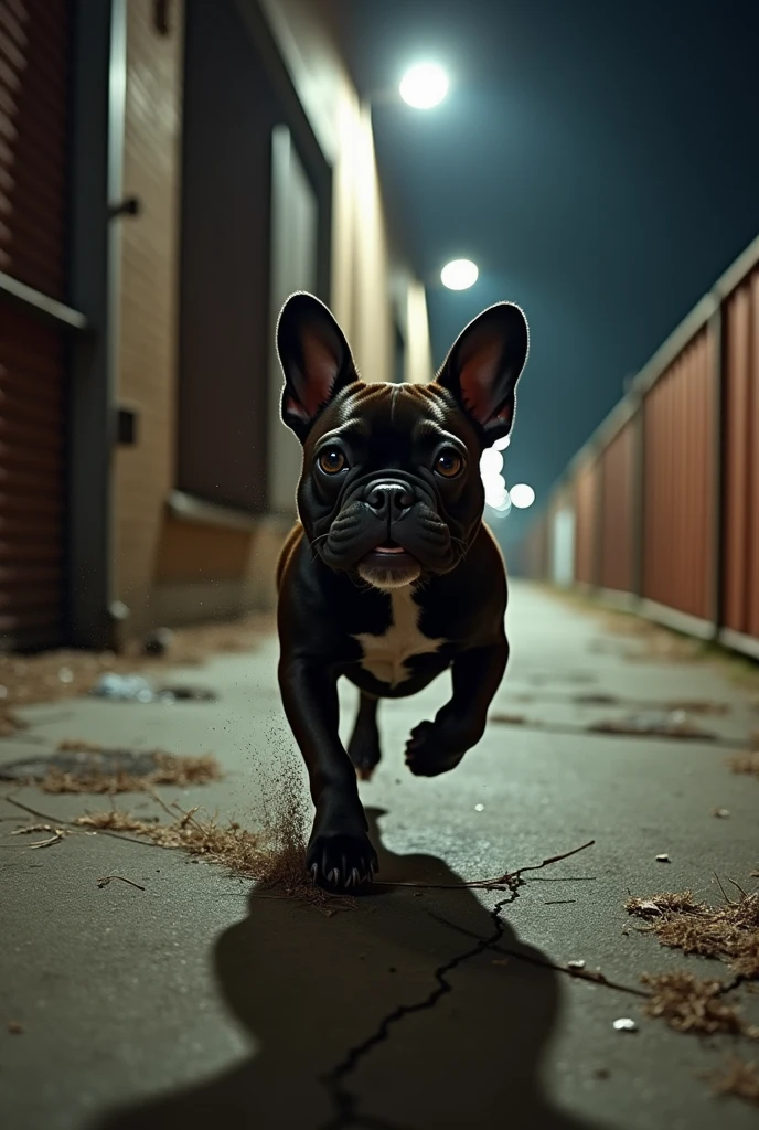 close up of a dark brown Frenchie bulldog running outside a warehouse at night, nightmare