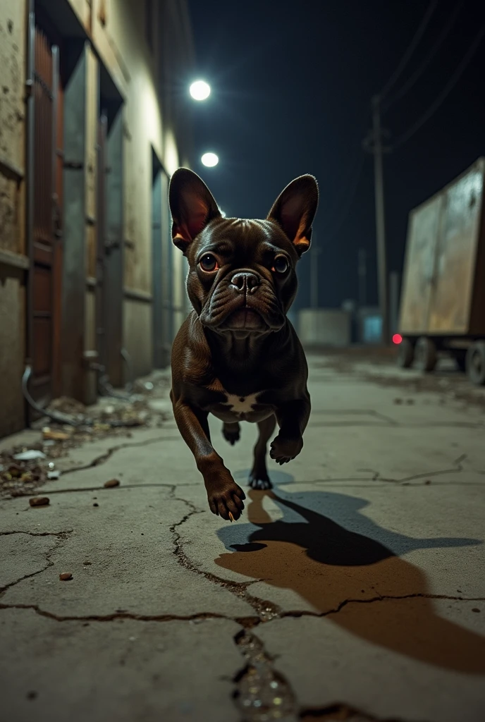 close up of a dark brown Frenchie bulldog running outside a warehouse at night, nightmare