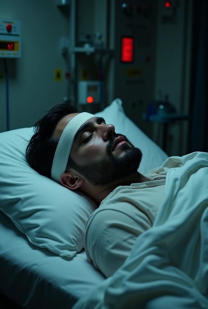 American man, stark, blackquality hair, short beard, stark, In an ICU, in a coma, top of the head bandaged with dressing 
