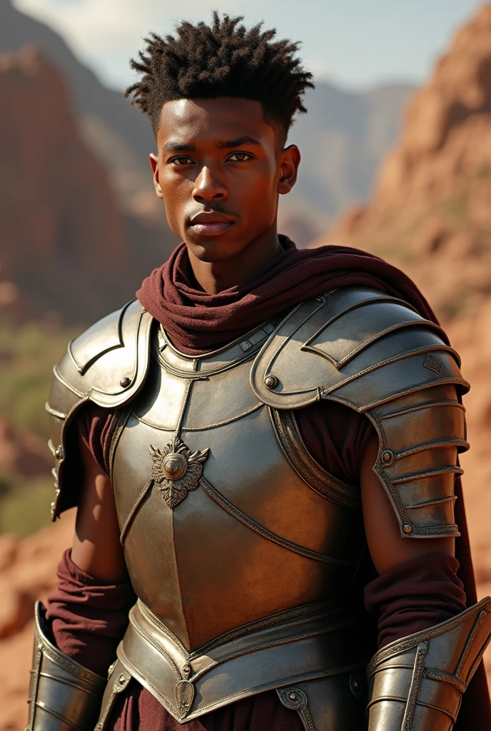 (photorealism:1.2), boy man, handsome and masculine, short hair, with brown eyes, tez morena, tall and strong, with armor, Afro features
