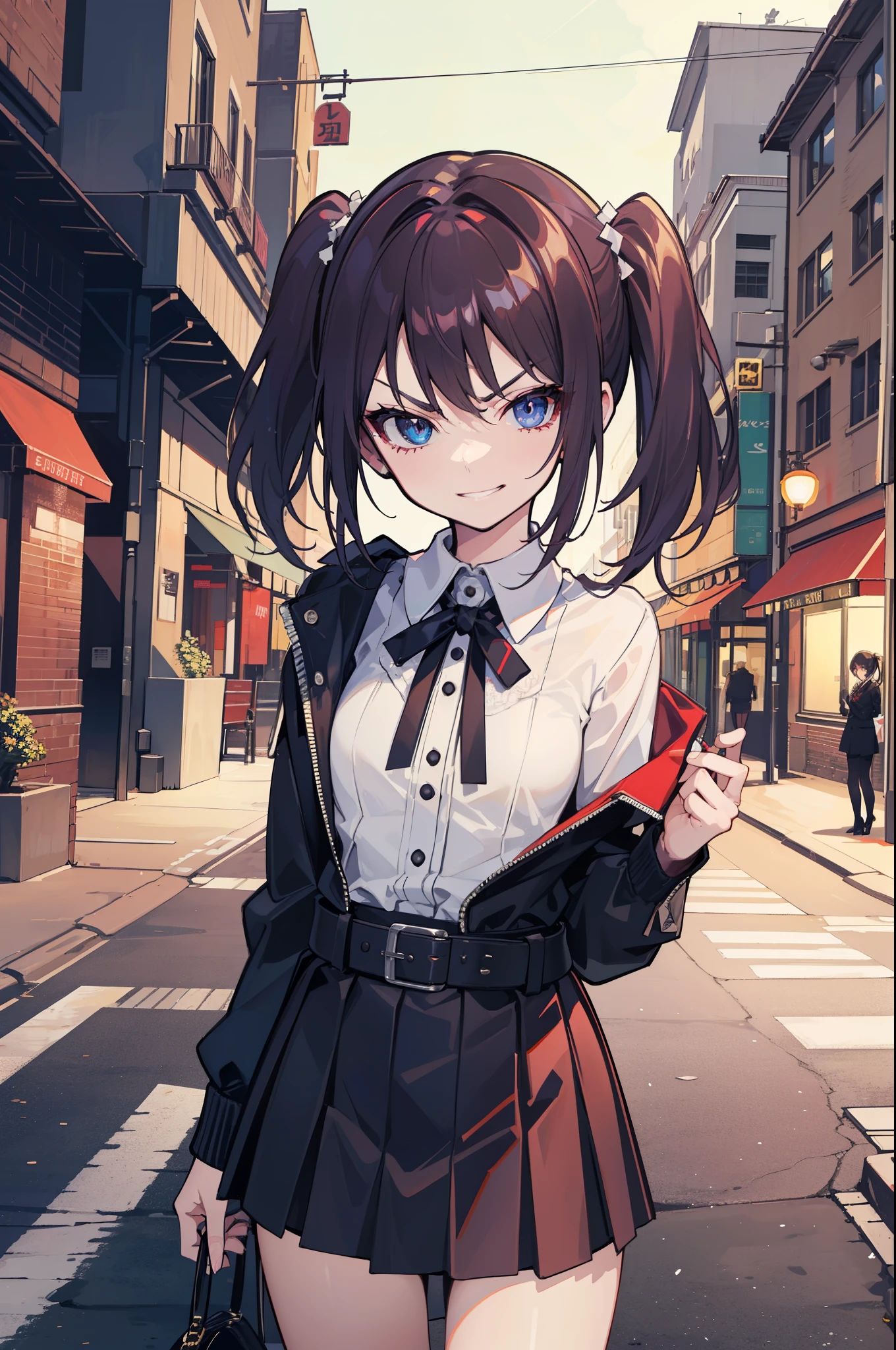 (best quality:1.2), (highest quality:1.2), (perfection:1.1), (flawless:1.1), urban street, 1girl, crazy girl, (serious look, dominant look:1.2), evil sharp smirk, short height, blouse, short skirt, twin tails hair, small breasts, (best quality eyes:1.1), highly detailed, 8k, best quality resolution, (most beautiful upscale:1.1)