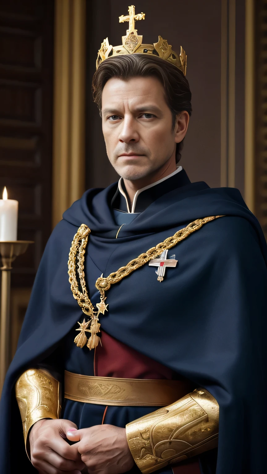 from front view, looking ahead at viewer ,English man ,aged 50, Kingdom of England King, Sitting on a throne, He holds the Iron Cross ,Scepter in one hand, A book in one hand、wearing a king's crown, Royal blue the mantle on my back, wearing black, Golden ring, throne room, natta, candle on the right, ultra HD, precise, anatomically correcte, texturized skin, super detaill, High details, high qualiy, best qualityer,