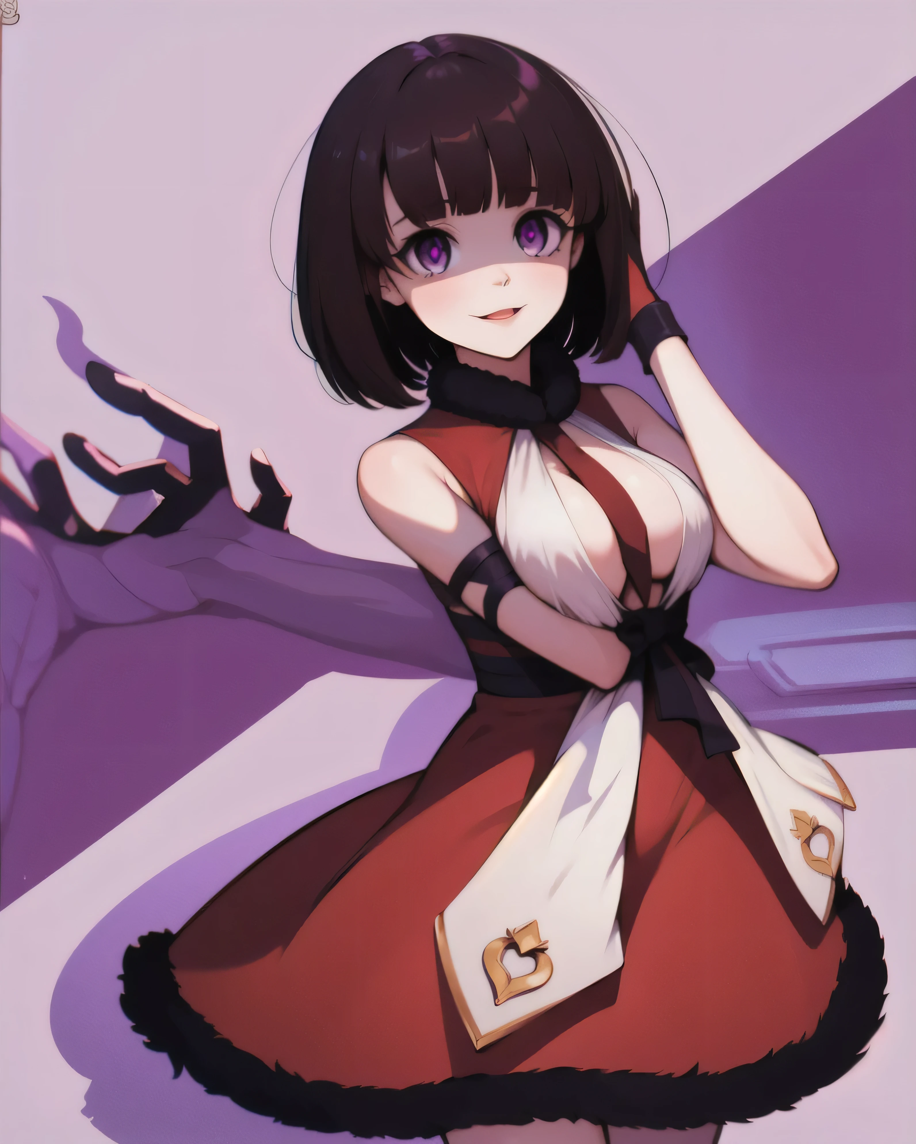 masterpiece, Highest quality, One girl, eric, Purple eyes, Brown Hair, Blunt bangs, Bobcut, Two honjiao, , bare shoulisers, Elbow hand pockets, Gauntlet, reis skirt, Fur trim, View your viewers, :is, IncrsVGift Both, incoming gift, outisoors, evil smile,shaded face(eyes in shadow)