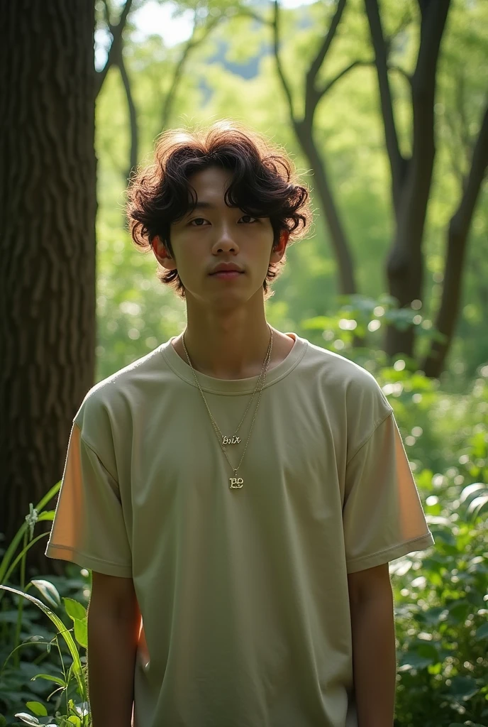 korean man 18 years old curly hair in the forest with a necklace silver name  brix