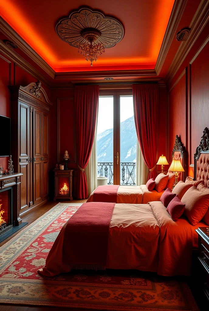 The bedroom walls are covered with rich fabrics in warm tones such as red, orange and gold. two sophisticated single beds spaced apart, with ornate headboards that often include flame-evoking details. The sheets and blankets are made of high quality materials, with patterns that imitate the heat of a fire. has a smaller fireplace or heat source, providing a comfortable and welcoming environment. The windows allow for a spectacular view and can be decorated with heavy curtains that help maintain privacy and the internal temperature. The decor is elegant, with furniture and accessories that complement the fire theme and create a comfortable space for residents. and has a door that leads to the bathroom, and two wardrobes made of dark wood and adorned with flames.