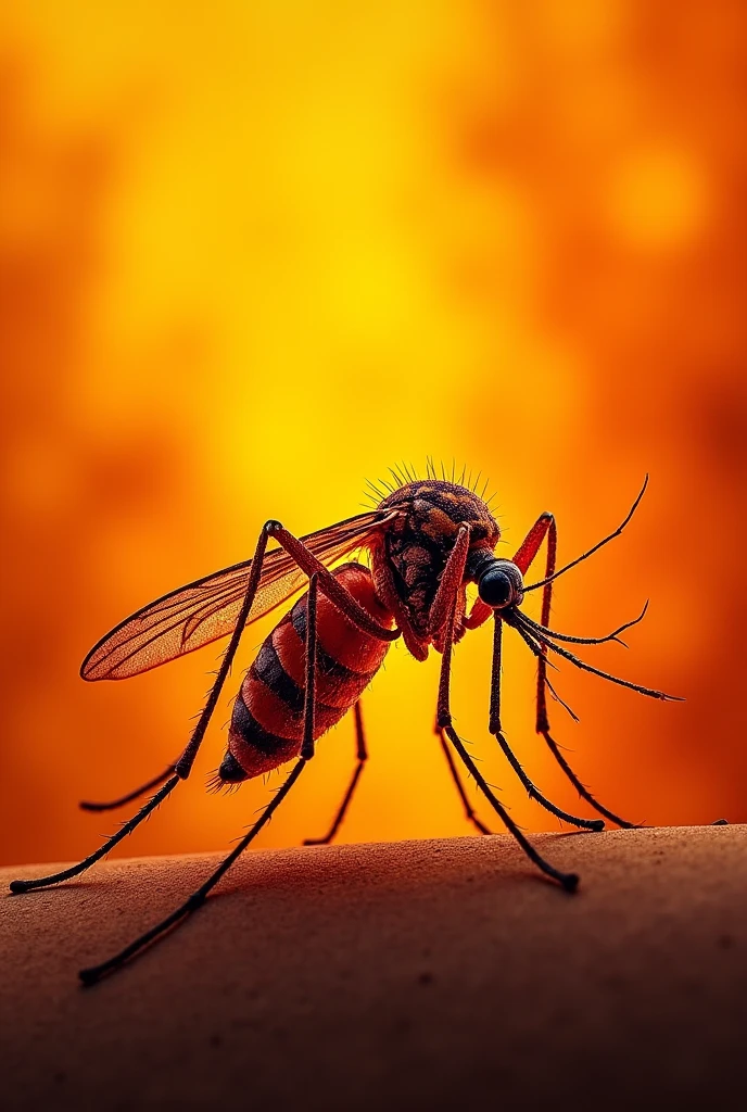 Malaria Mosquito, with a background and strong presence of orange color, for professional slide, in a pointillist style.