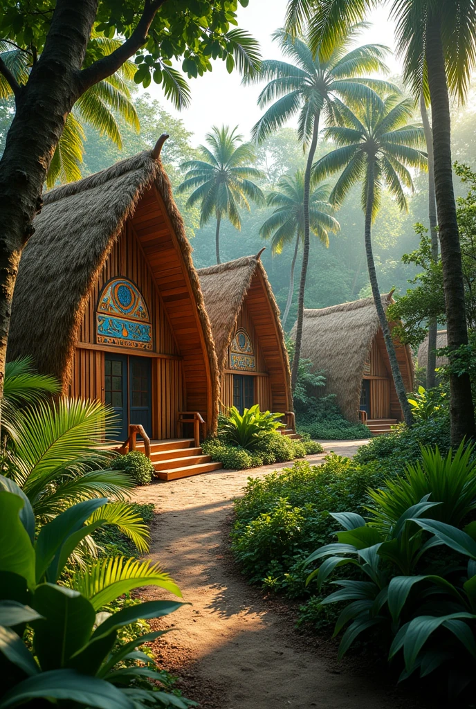 I need some images of hotel cabins, eco-friendly style based on Boruca culture, realistic