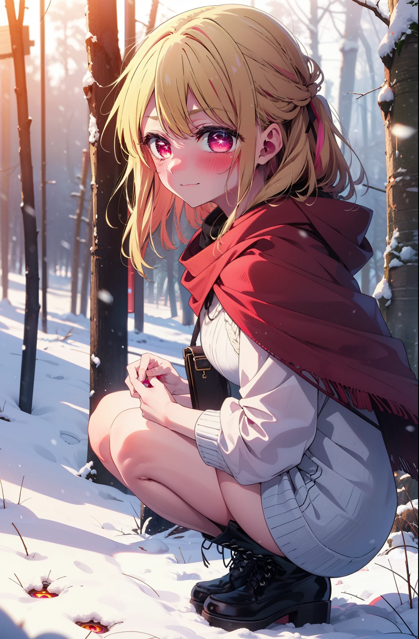 rubyhoshino, Hoshino Ruby, Long Hair, bangs, Blonde, (Pink Eyes:1.3), Side Lock, (Symbol-shaped pupil:1.5), Multicolored Hair, Two-tone hair, smile,,smile,blush,white breath,
Open your mouth,snow,Ground bonfire, Outdoor, boots, snowing, From the side, wood, suitcase, Cape, Blurred, , forest, White handbag, nature, Squat, Mouth closed, Cape, winter, Written boundary depth, Black shoes, red Cape break looking at viewer, Upper Body, whole body, break Outdoor, forest, nature, break (masterpiece:1.2), Highest quality, High resolution, unity 8k wallpaper, (shape:0.8), (Beautiful and beautiful eyes:1.6), Highly detailed face, Perfect lighting, Highly detailed CG, (Perfect hands, Perfect Anatomy),