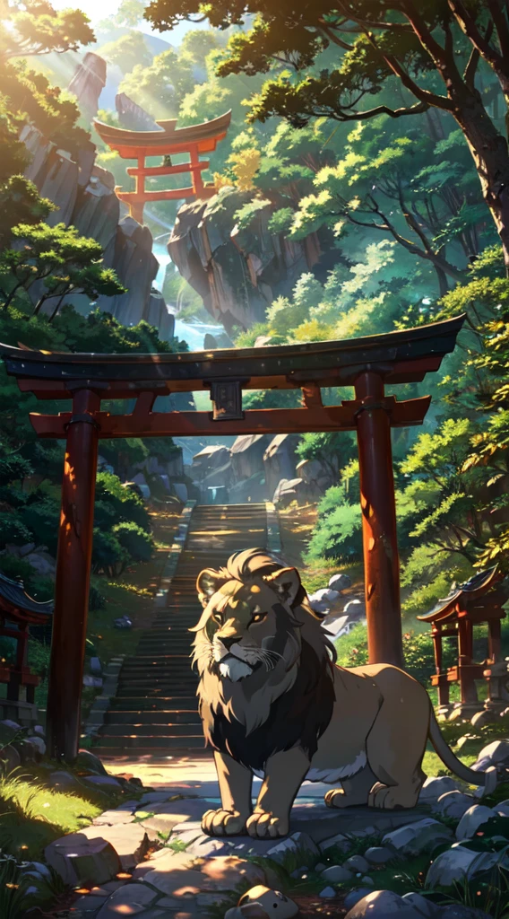 Old torii gate, in the mountains, lion guardian lion, taking a rest, sunlight filtering through the trees