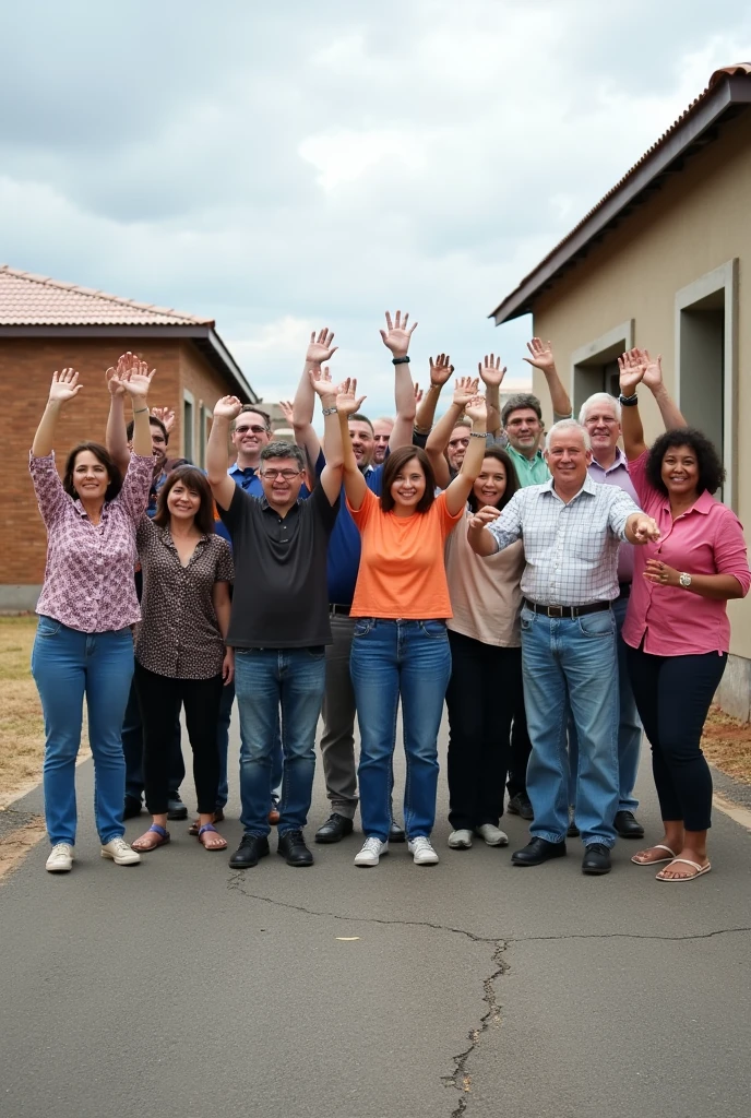 15 people, men and women aged 40 to 60, raising their hands, with different styles of clothing but without skirts, They are located on a street and in the background two simple houses, with details in the infrastructure of only 1 floor, and the rest land, People must be of different builds, that is to say, thin, athletic, that they are fat.

The floor should be asphalt with light cracks, the house of block and roof of slab, without a basket in the environment and that it looks like it was taken in front of the houses


