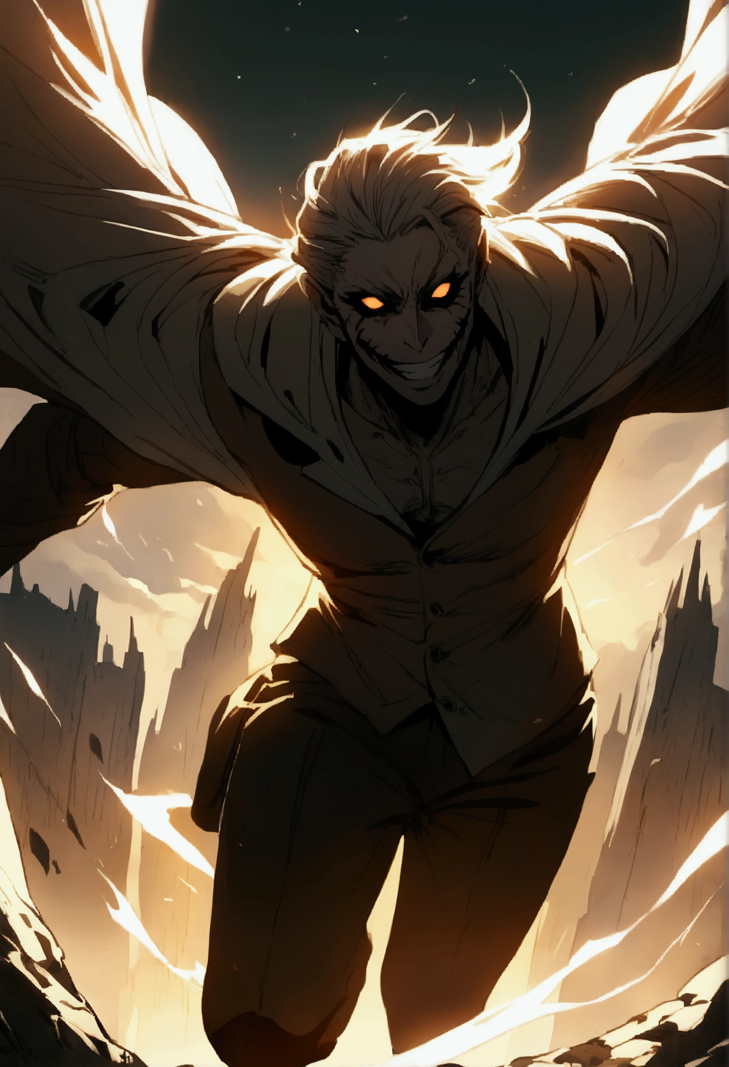 A terrifying angel man smiling crazily