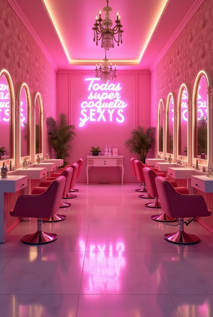 (photorealism:1.2), An empty pink beauty salon, in a pink shopping mall, a neon sign on the wall "Todas super coquetas y SEXYS para nuestro sultán Alberto" realistic, intricate details