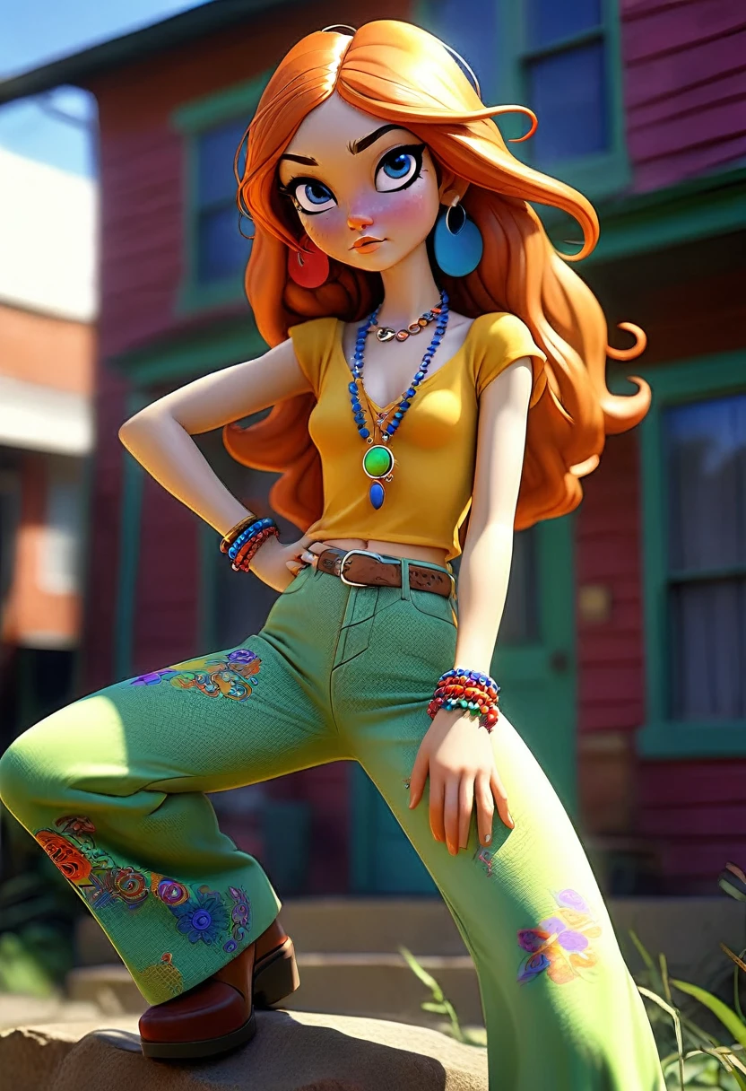 America in the 1970s, hippie, no-bra activist, young girl, beautiful but freckled, dressed in a psychedelic style, long eyelashes, pantaloon pants, platform boots, intense colors, deep shadows, professional lighting, professional camera,