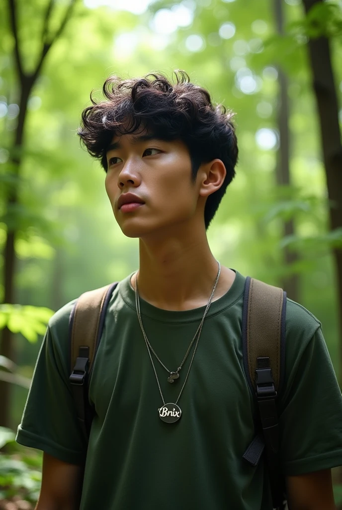 korean man 18 years old curly hair in the forest with a necklace silver name brix