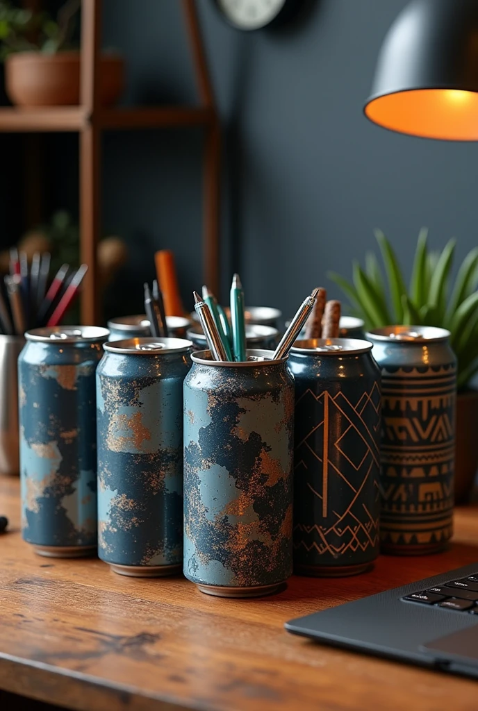 Pen organizer made with a soda can. I want 10 examples in the same image. The cans need to be decorated in a masculine style.