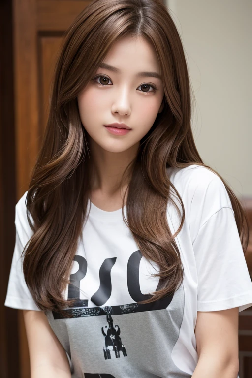 One girl, solo, High resolution, Long hair and a large chest, Brown Hair, tshirt