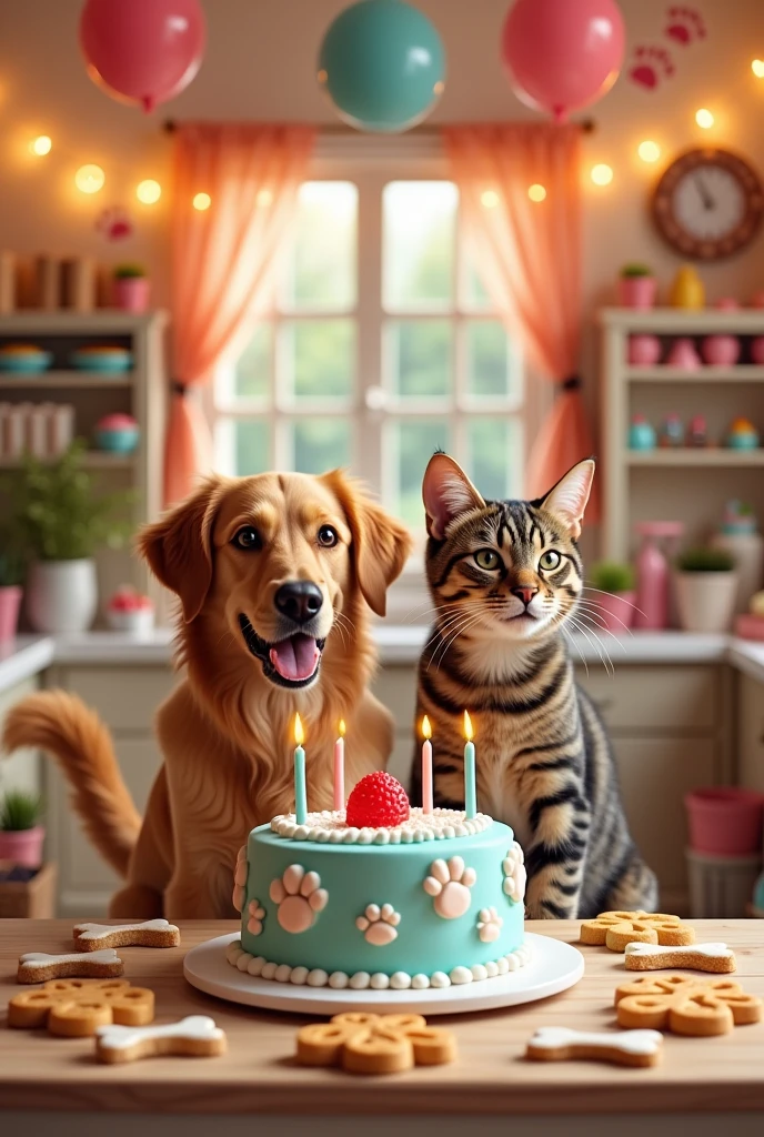Create a business “Tails ‘n Treats” with a cat and dog and a birthday cake and cookies