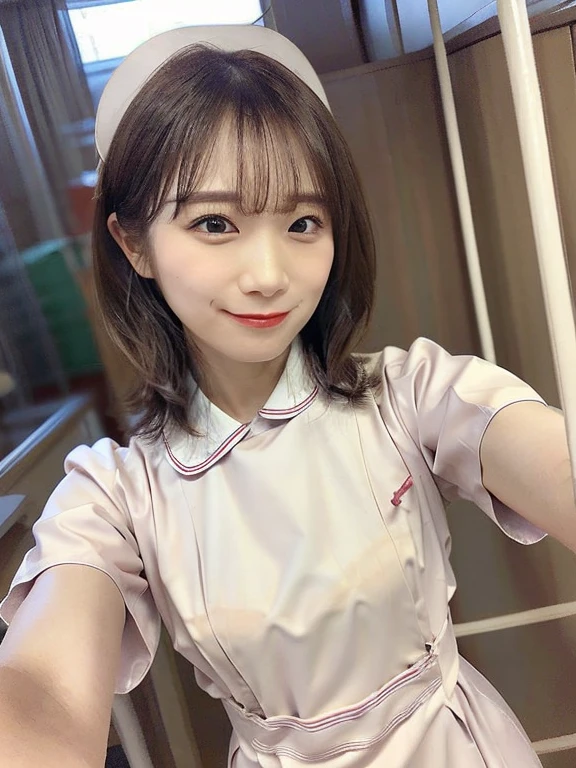 woman, alone, (Wearing white nurse clothes:1.2), (Bobcut), Shortcuts,bangs, Black Hair, nurse, Perfect Anatomy, nurse uniform, (Nurse cap), (White costume), Long skirt, hospital, Face close-up, smile, Close your mouth