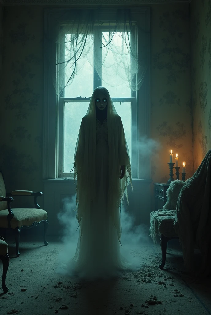 Create for me a horror photo of a female ghost with a scary face in a hallway of a mansion, dark at night (The hallway is dark and foggy)