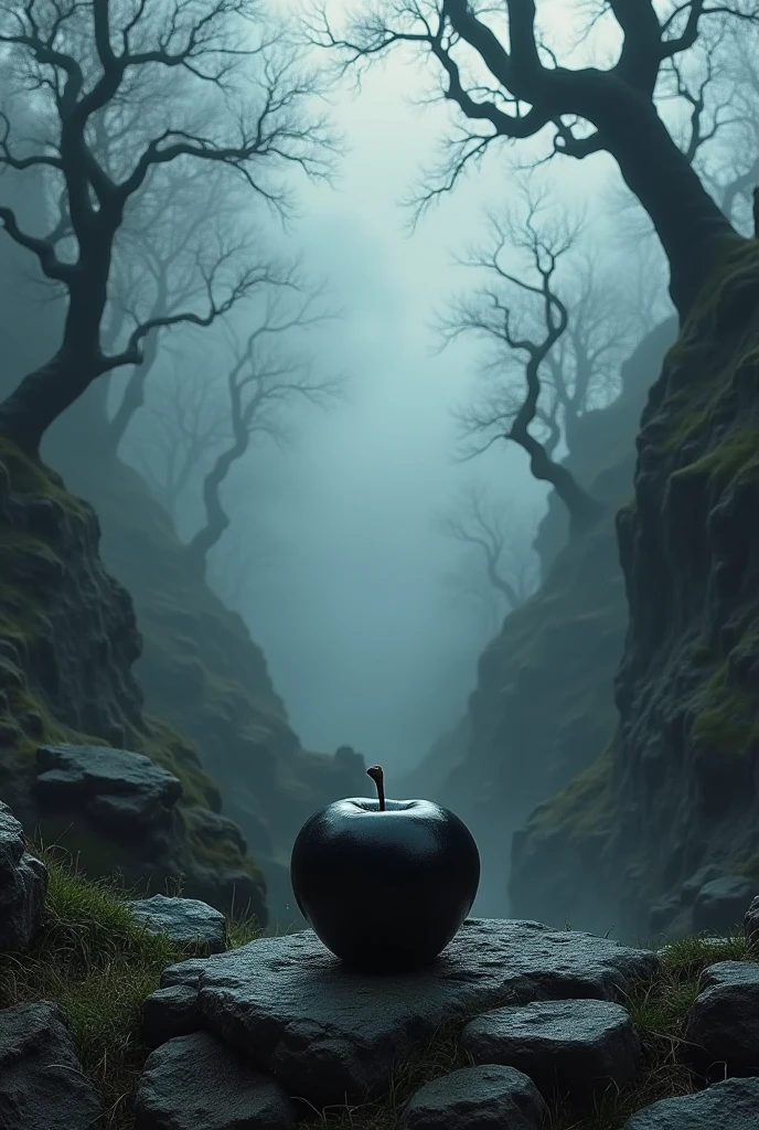 A black apple in the middle of a landscape with a dark souls style