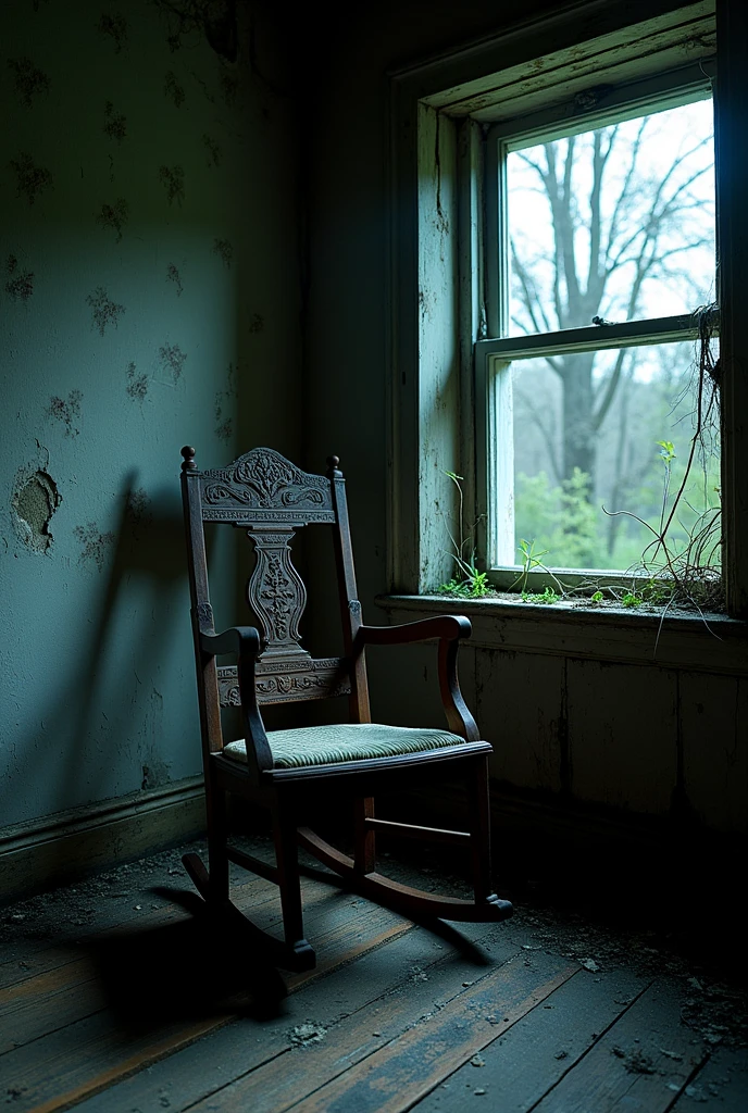 Create an image of a wooden rocking chair in an old, abandoned house. It should be nighttime in the image. 
