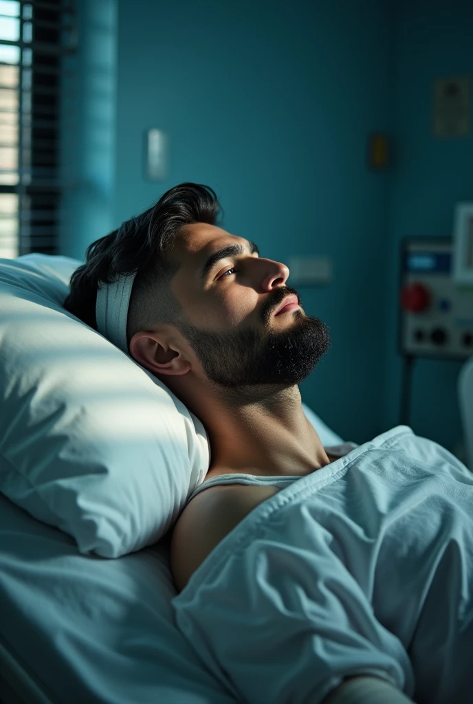 American man, stark, blackquality hair, short beard, stark, In an ICU, in a coma, top of the head bandaged with dressing 