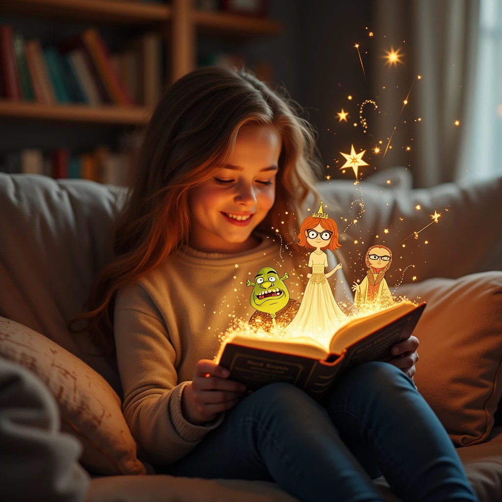 young woman siting in sofa with book in hand, fairy tale characters (shrek, Harry Potter, Queen) magically come out of the fairy tale book, front view, fantastic effects, lights, fairy tale