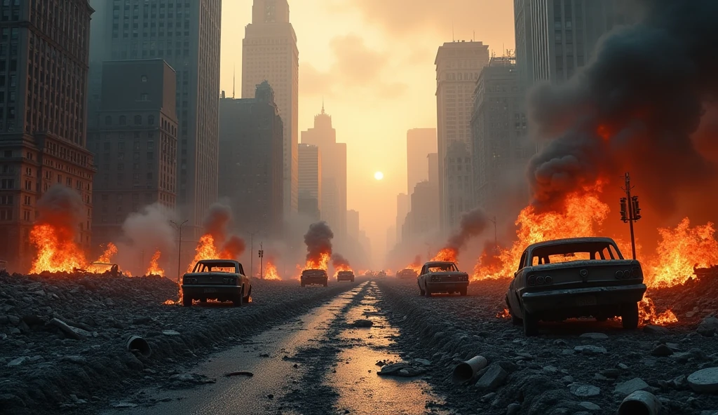 Ruin covered in a cityscape, Mad Max, ground level, street, looted, New York skyline, post-apocalyptic, skyscrapers, rusty cars, rusty bridge in the background, low fog (lots of vegetation:1.3), burning building, collapsed building, cinematic, dramatic light, architecture, airship in the sky BREAK
Photorealistic, hyperrealistic, hyperdetailed, style, detailed skin, matte skin, soft lighting, subsurface scattering, realistic, heavy shadow, masterpiece, best quality, ultra realistic, 8k, golden ratio, Intricate, High Detail, film photography, hyper detailed, photo-maximum realistic detail, volumetric light, moody cinematic epic concept art, realistic matte painting, hyper photorealistic