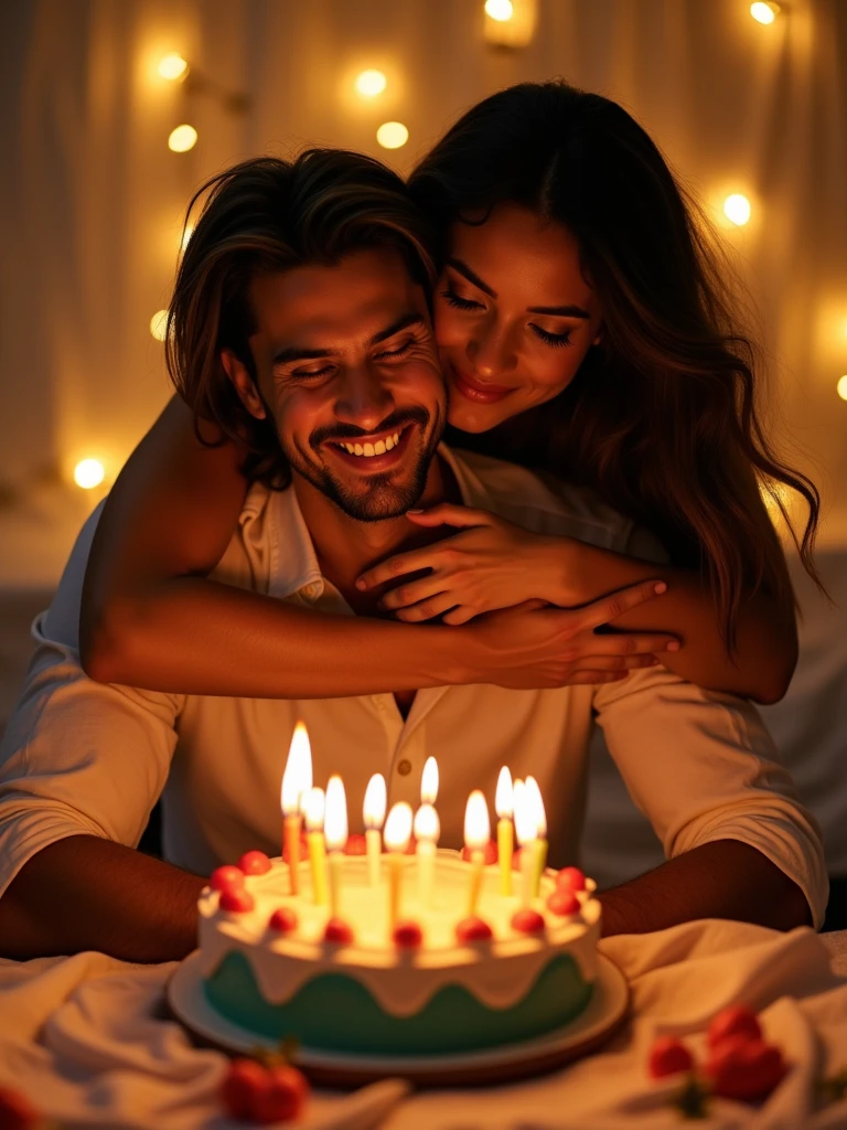 Egyptian couple , girl with wheatish skin, man white skin, both are tall, celebrating his birthday,She stands behind him, lovingly hugging his back as he sits in front of the birthday cake