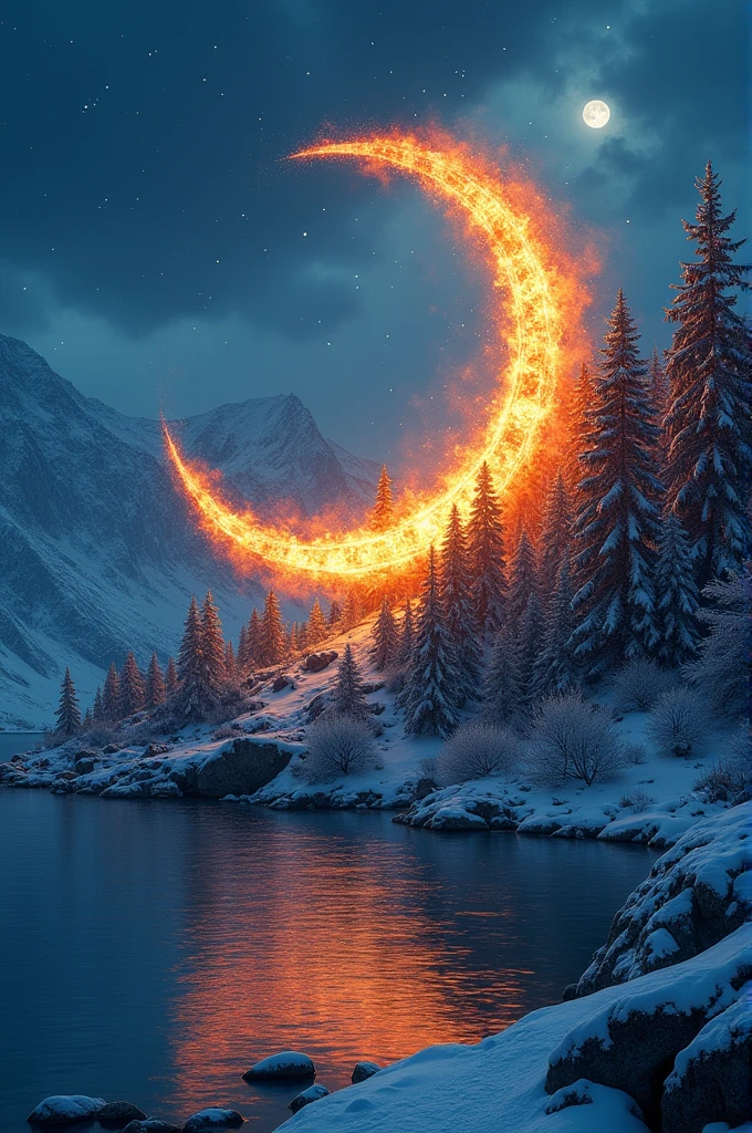 Grande cheminée en demi lune ou dansent les flammes et les fées , au sommet d'une montagne .enneigée , la nuit avec un lac bleu aux reflets argent