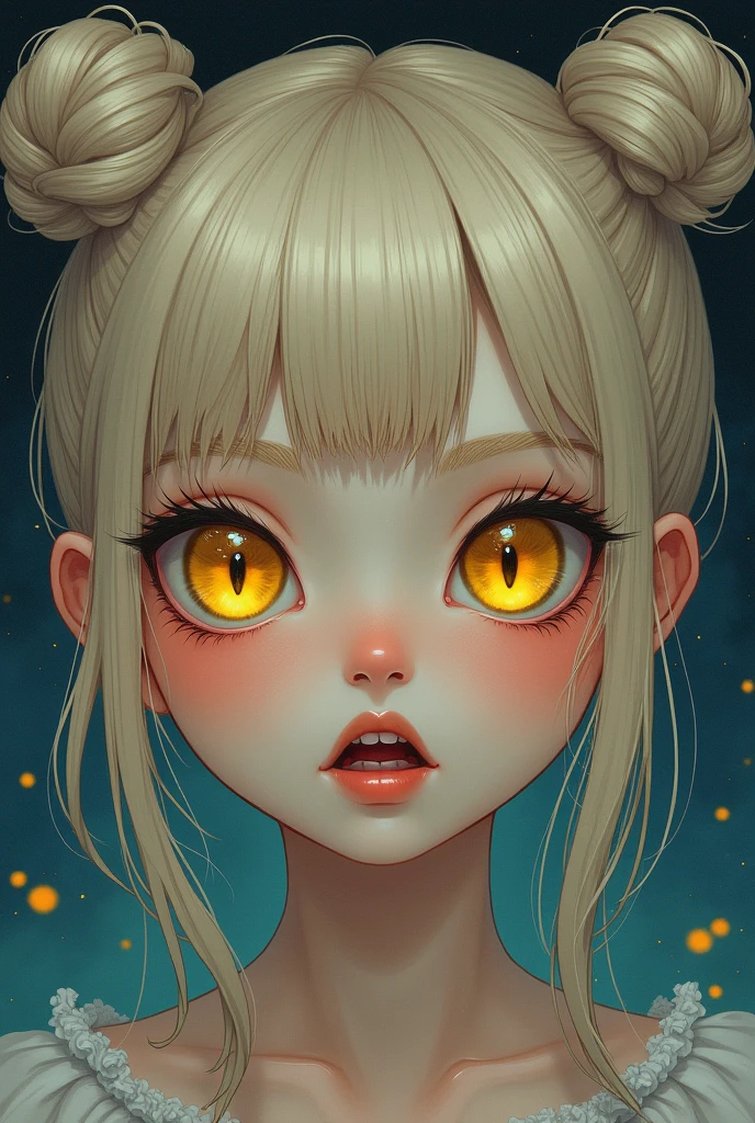 (masterpiece), best quality, expressive eyes, perfect face, 1girl, fair skin, pretty face, blush, yellow eyes, feline eyes, thin slit-shaped irises, wide mouth, pointed canines, longer canines, vampiric appearance, ash blonde hair, two buns, while straight bangs, two chin-length side bangs frame her face