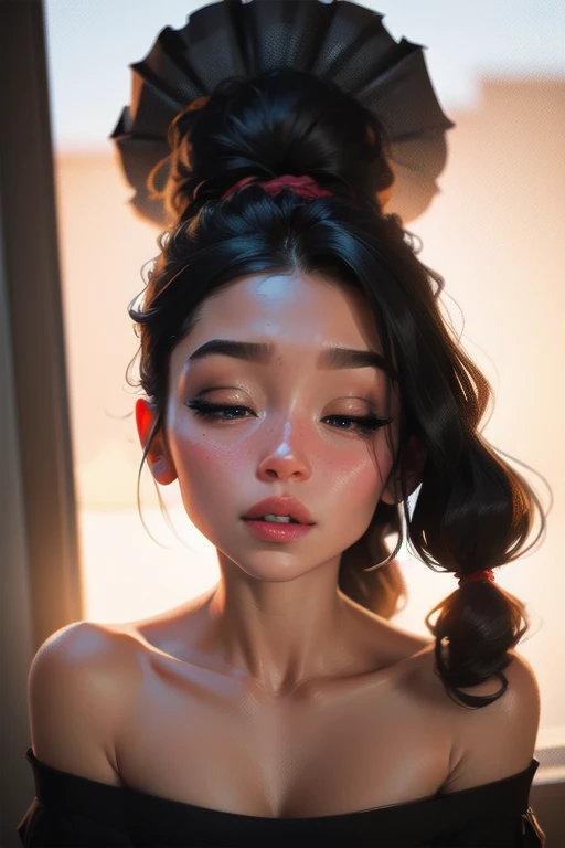 Sexy woman, black hair, single braid, seductive eyes, intense gaze, mouth parted, deep blush, flustered, beautiful face, amazing makeup, off shoulder t shirt