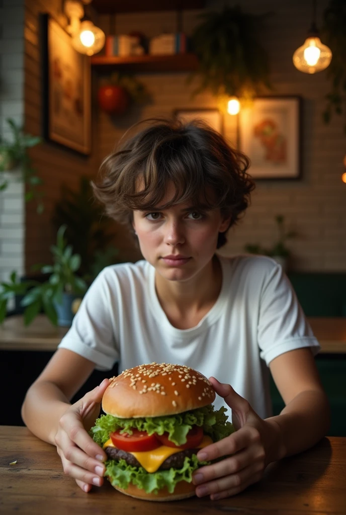 Realistic image of a person sitting at a table, hungry, looking at a hamburger 
