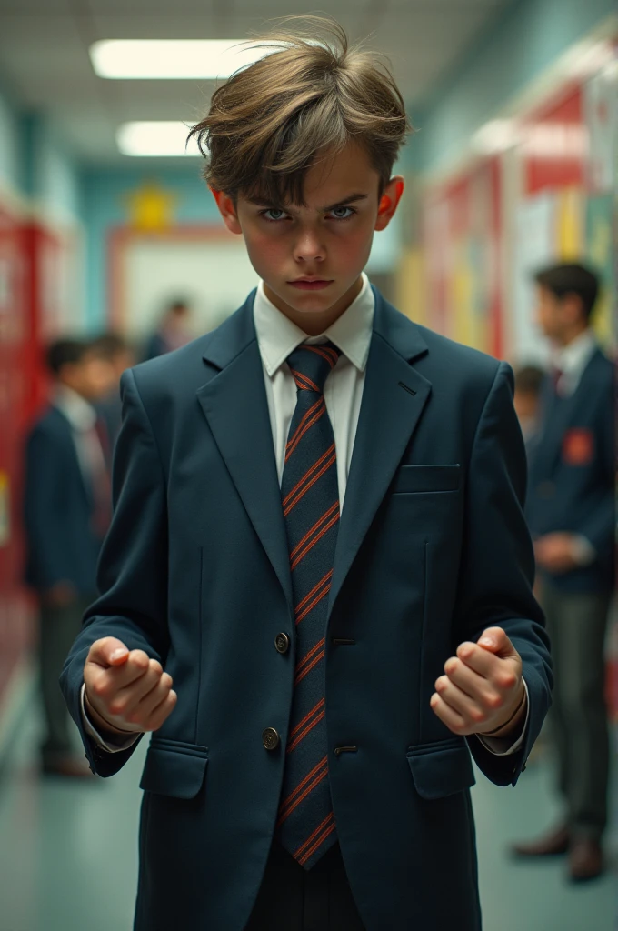 Student with short hair and angry face in school uniform