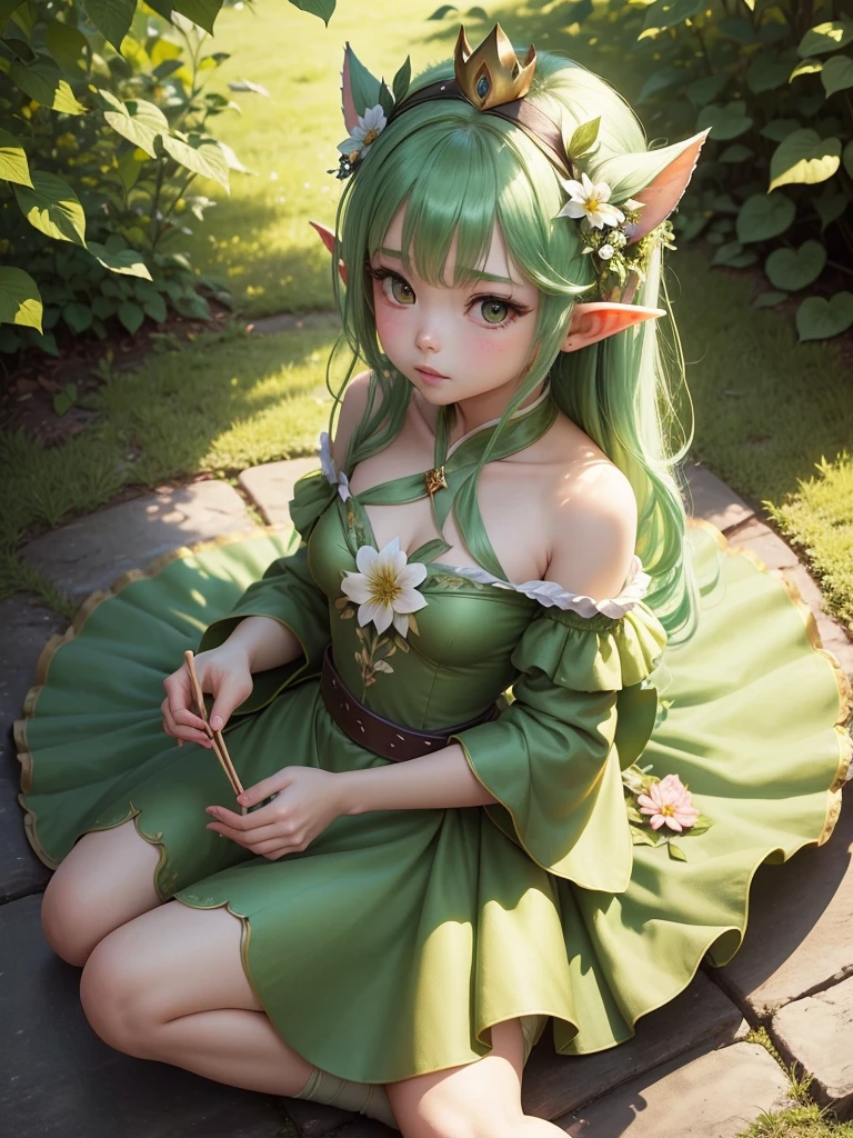 with green hair and a crown of flowers sits on the ground covered in leaves, 美しいFairy, Fairyの肖像画, Fairyの肖像画, 美しいFairy, Fairyの美学, 美しいFairys, Elf Girl wearing an flower suit, 森のFairy, Fairy, 森のFairy, 美しい大人のFairy, Elf Princess, Elf Girl, Beautiful fantasy art, Fairyの十代の少女
