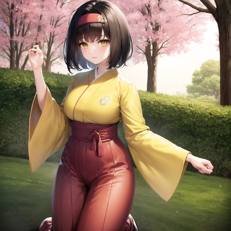 (masterpiece, best quality), 1girl,  pokemonerika, mature, (yellow eyes:1.5), black hair, headband, short hair, japanese clothes, kimono, hakama, green hakama, long sleeves, wide sleeves, sakura pink forest background, day, sunlight, anime style, beautiful, fullbody, sexy