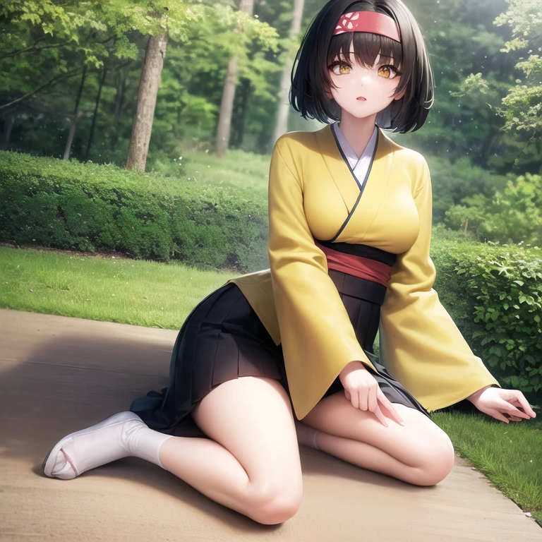 (masterpiece, best quality), 1girl, pokemonerika, mature, (yellow eyes:1.5), black hair, headband, short hair, japanese clothes, kimono, hakama, green hakama, long sleeves, wide sleeves, sakura pink forest background, day, sunlight, anime style, beautiful, fullbody, sexy