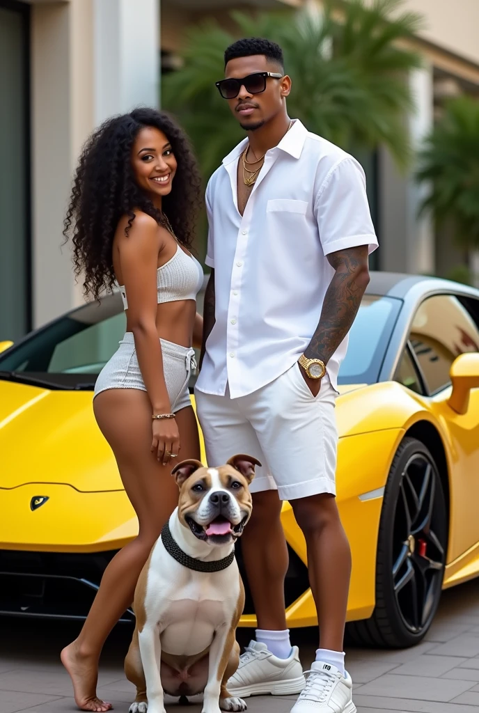 an 18 year old young man,trap singer,wearing no shirt,black Camaro,money,pitbull,3 Brazilian women in bikinis