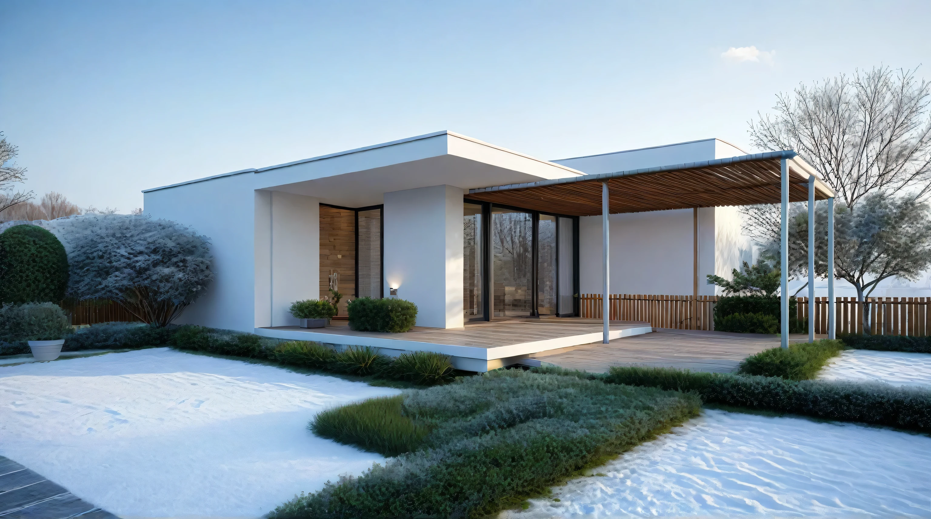 rendering of a house in the snow with a covered patio, all white render, architecture render, detailed archviz render, detail render, architectural render, detailed render, very detailed render, render in vray, fully detailed render, lumion render, high detail render, rendered in v-ray, architectural 3 d render, photographic render, rendered in vray