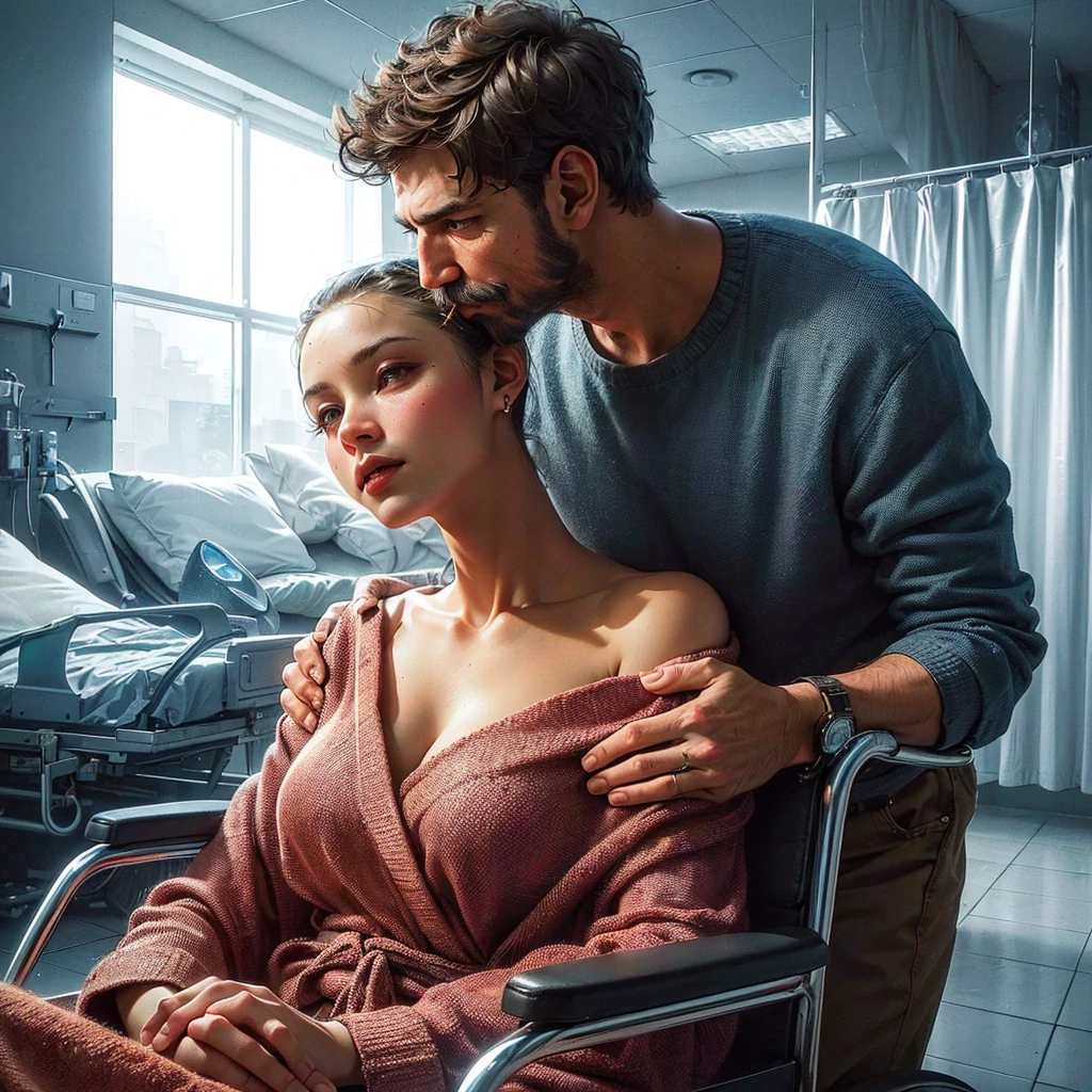 there is woman with large breast and pale face sit on wheelchair and there is (((handsome muscular masculine beard moustache alpha male husband)) giving massage on shoulder, by Alexander Kucharsky, beautiful realistic photo, by Igor Grabar, by László Balogh, by Anton Fadeev, wadim kashin. ultra realistic, beautiful digital artwork, by Arik Brauer, by Hristofor Zhefarovich, by John La Gatta, awarded on cgsociety, cinematic cgsociety, masterpiece, best quality:1.2),,(8k,highres,RAW photo,realistic,photo-realistic:1.3),(detailed skin texture,detailed cloth texture,beautiful detailed face:1.25),professional lighting,photon mapping,beautiful soft light,radiosity,physically-based rendering,raytracing, model shoot style, model shoot style, (extremely detailed CG unity 8k wallpaper), full shot body photo of the most beautiful artwork in the world, ((cannon camera)), ((professional photoshoot)), (((nsfw))), (((show cleaveage)))